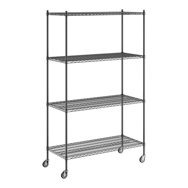 A Regency black wire shelving unit with wheels and 4 shelves.