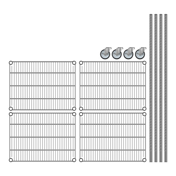A Regency wire shelving rack with wheels and metal bars.