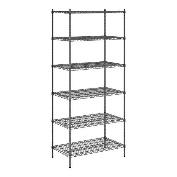 A black wire Regency shelving unit with six shelves.