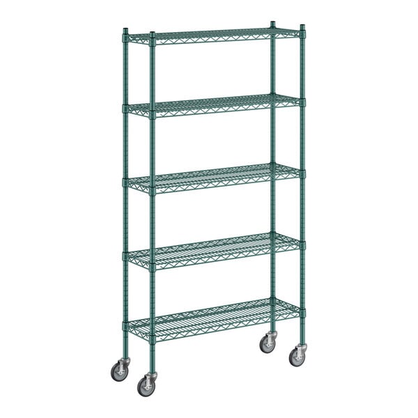 A green metal Regency wire shelving unit on wheels.