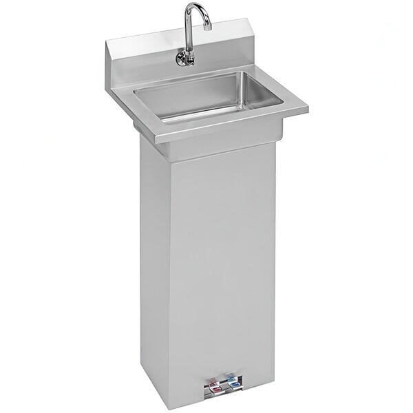 A silver rectangular Zurn Elkay utility sink with a foot-operated faucet.