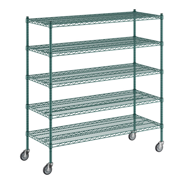 A green metal wire shelving unit with five shelves.