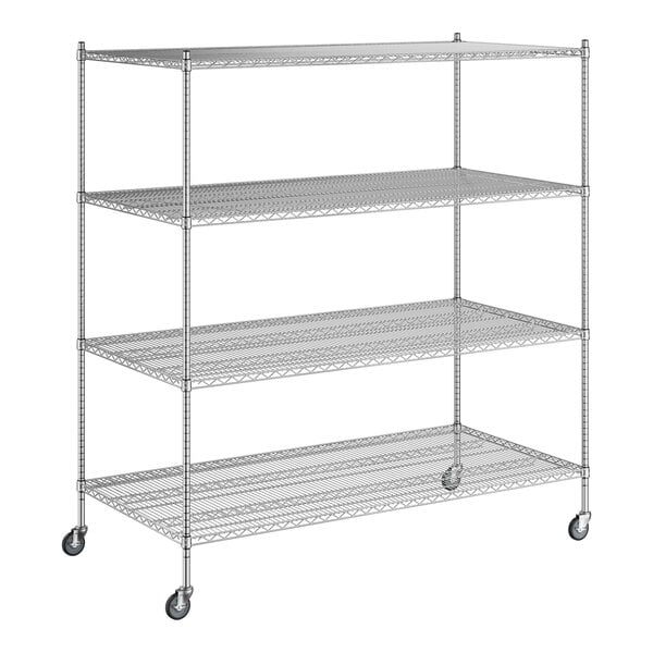 A Regency chrome mobile wire shelving unit with wheels.