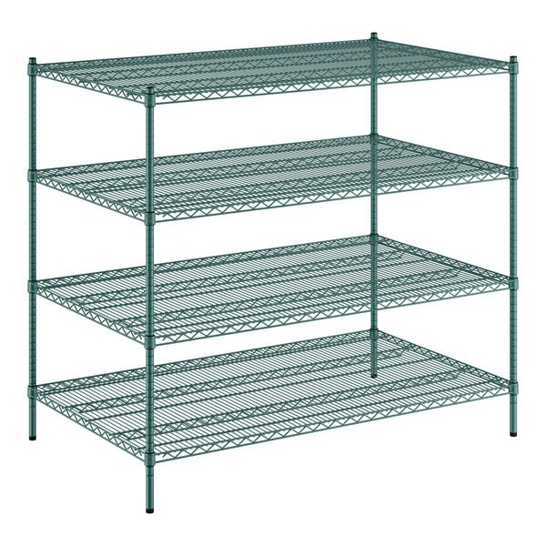 A green Regency wire shelving unit with four shelves.