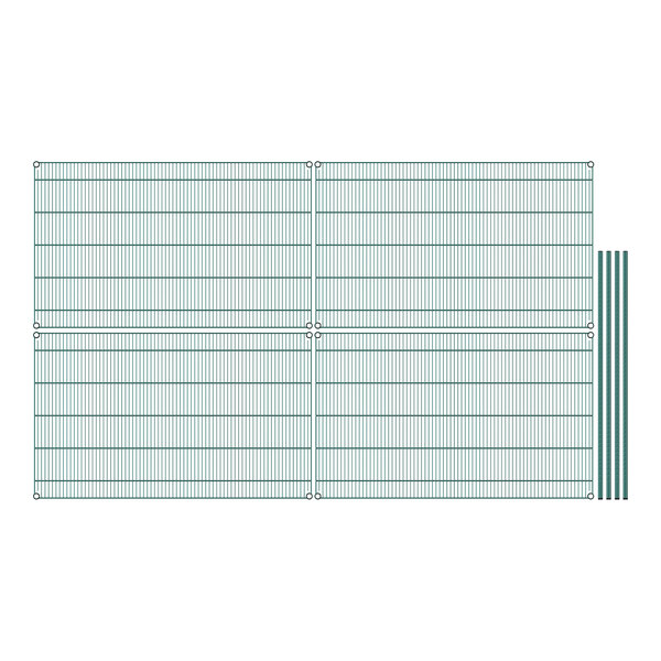 A green grid with green poles and green shelves.