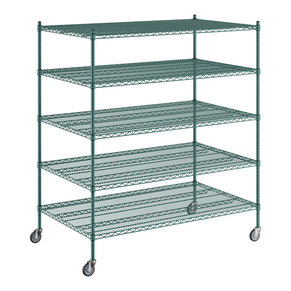 A Regency green wire shelving unit with five shelves.