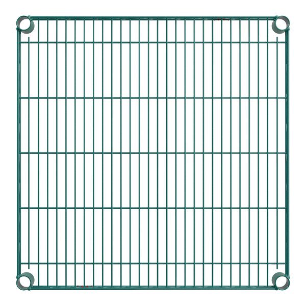 A square green wire shelf with a grid pattern and round openings at each corner, measuring 24 inches by 24 inches.