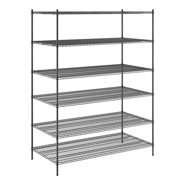 A black wire Regency shelving unit with six shelves.