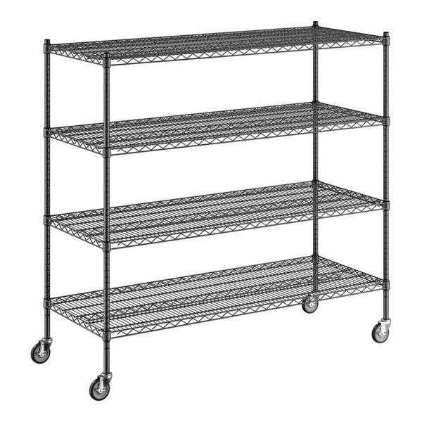 A Regency black wire shelving unit with wheels.