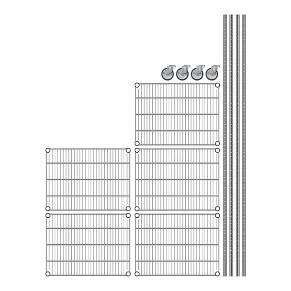 A Regency stainless steel wire shelving unit with wheels.