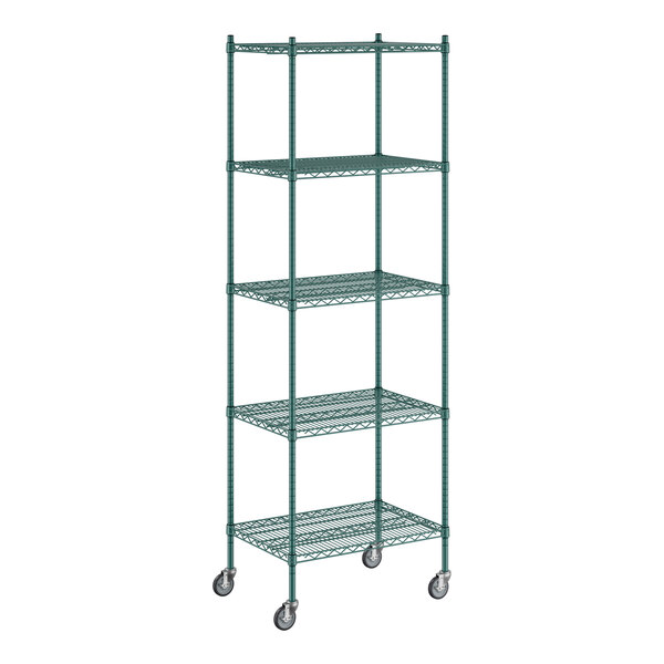 A Regency green wire shelving unit with wheels.