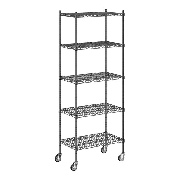 A Regency black wire shelving unit with wheels.