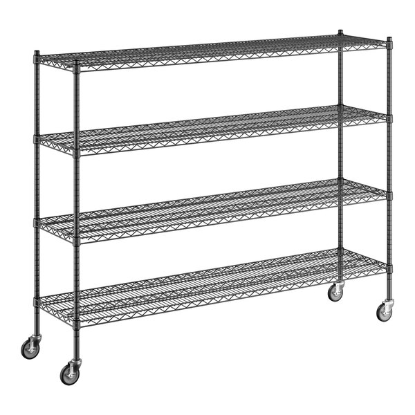 A black metal Regency wire shelving unit with wheels.