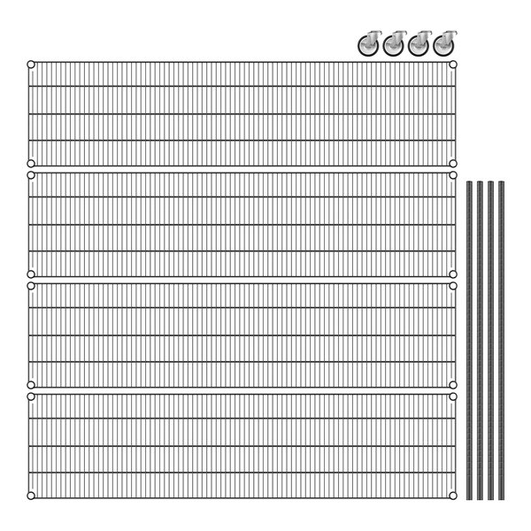 A black wire shelving unit by Regency with four shelves.