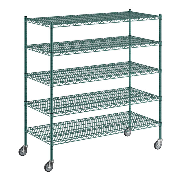 A green metal wire shelving unit with five shelves.