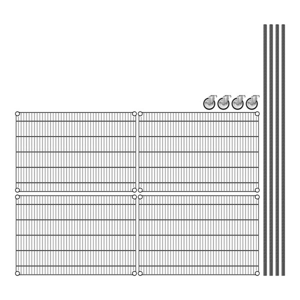 A black wire shelving unit with 4 shelves.