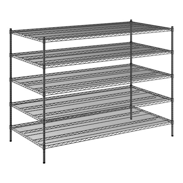 A black Regency wire shelving unit with four shelves.