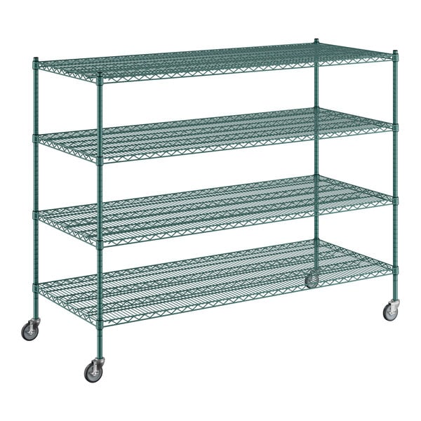 A Regency green wire shelving unit with four shelves.