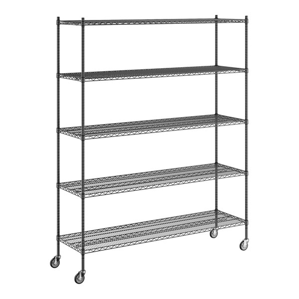 A black metal wire shelving unit with wheels.