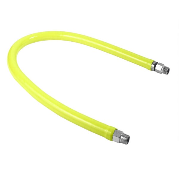 A yellow flexible T&S Safe-T-Link gas hose with silver metal connectors.