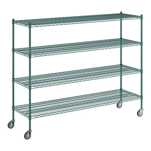 A green metal wire shelving unit with four shelves.