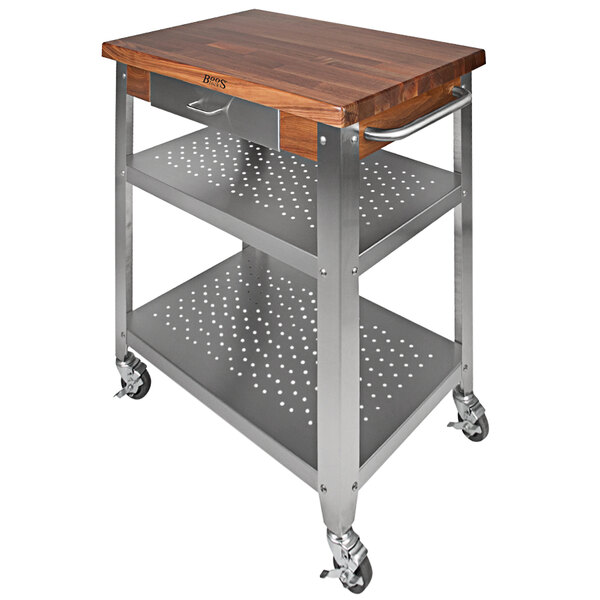 A wood and metal John Boos kitchen cart.