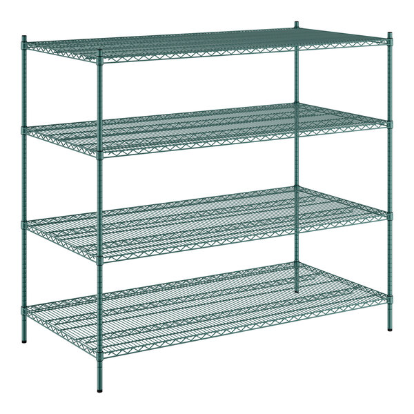 A Regency green wire shelving unit with four shelves.