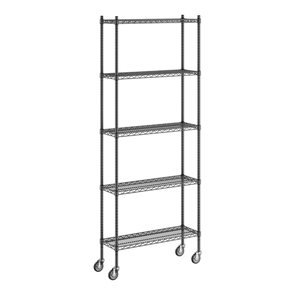 A Regency black wire shelving unit with wheels.