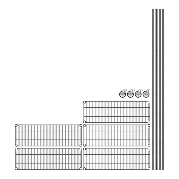 A white background with a Regency black wire shelving unit with metal grid shelves.