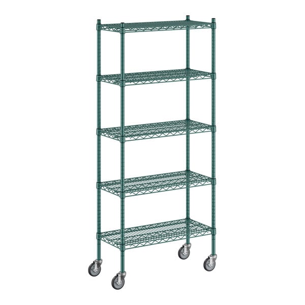 A green metal Regency wire shelving unit with wheels and five shelves.