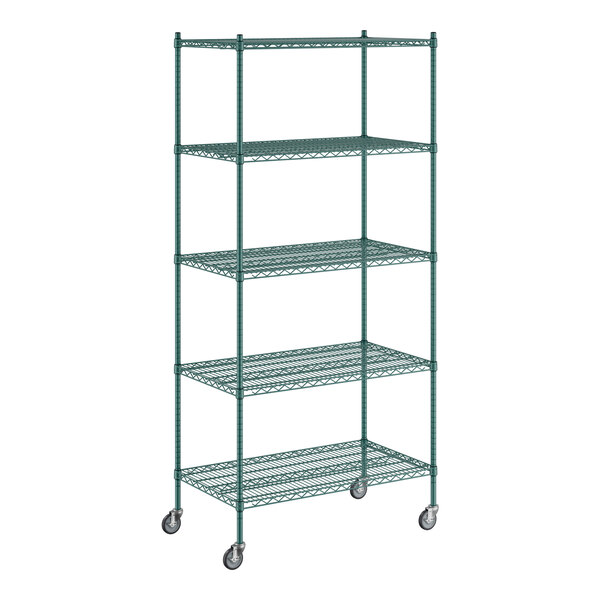 A Regency green wire shelving unit with wheels.