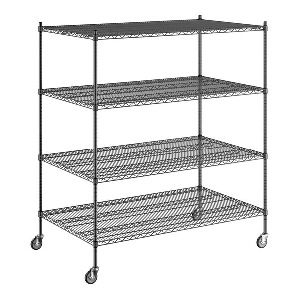 A black wire shelving unit with four shelves.