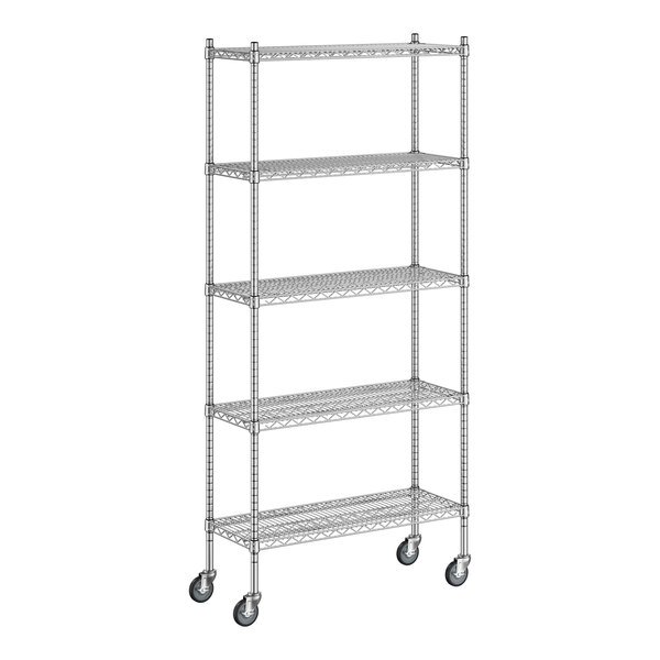 A Regency stainless steel wire shelving unit on wheels.