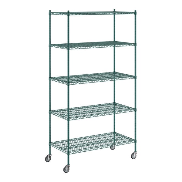 A Regency green wire shelving unit with wheels.