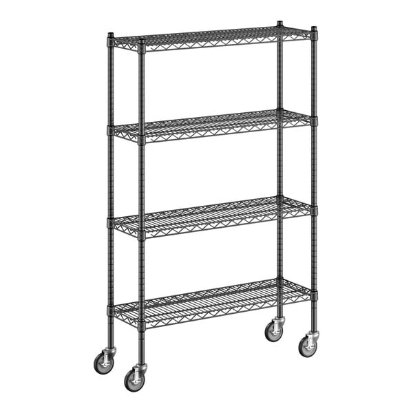 A Regency black wire shelving starter kit with wheels.