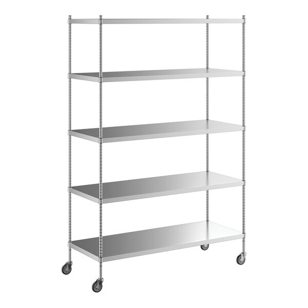 A Regency stainless steel mobile shelving unit with wheels.