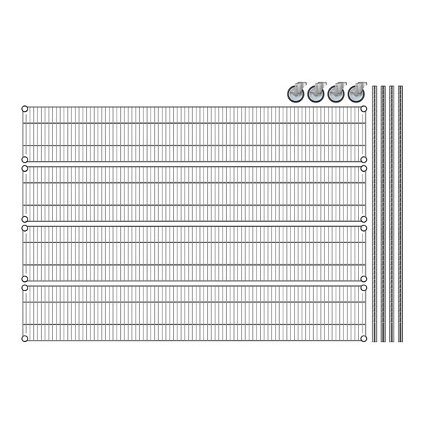 A Regency wire mesh shelving unit with four metal shelves.