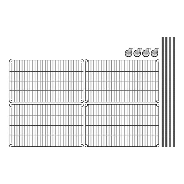 A close-up of a black wire grid shelf with white background.