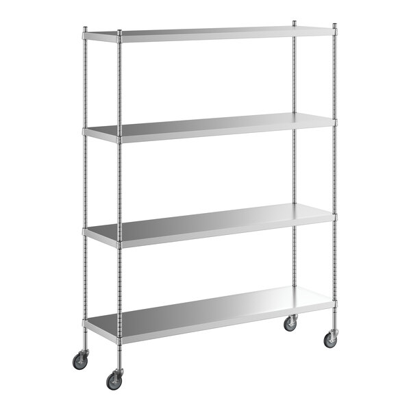 A Regency stainless steel shelving unit with wheels.