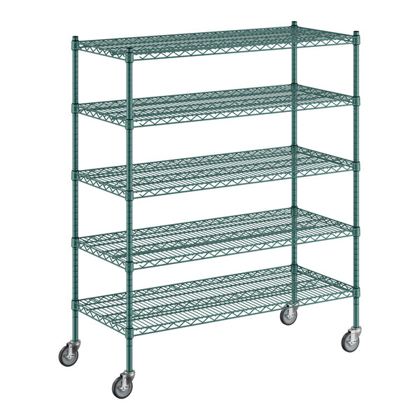 A green wire shelving unit with five shelves.