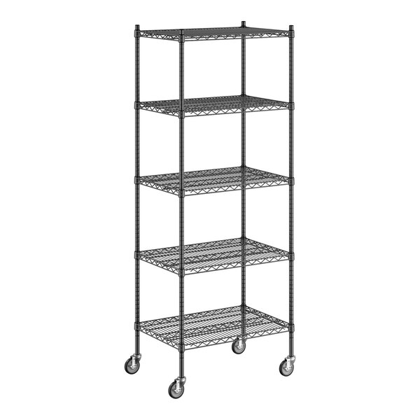 A Regency black wire shelving unit with wheels.