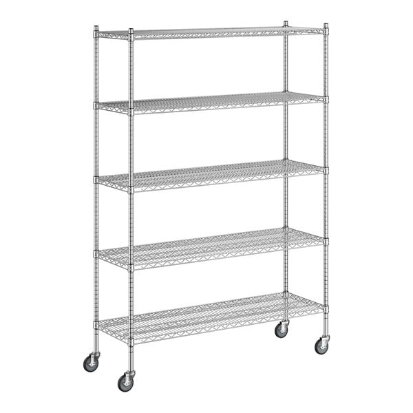 A Regency chrome mobile wire shelving unit with 5 shelves and wheels.