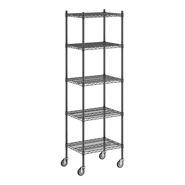 A Regency black wire shelving unit with wheels.