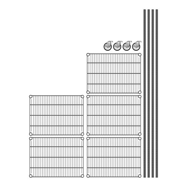 Regency black wire shelving with 5 shelves and wheels on a white grid background.