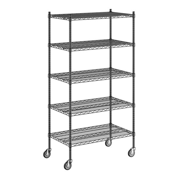 A Regency black wire shelving starter kit with wheels.