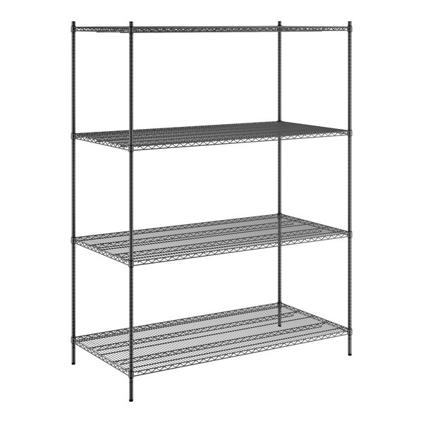 A black metal Regency wire shelving unit with four shelves.