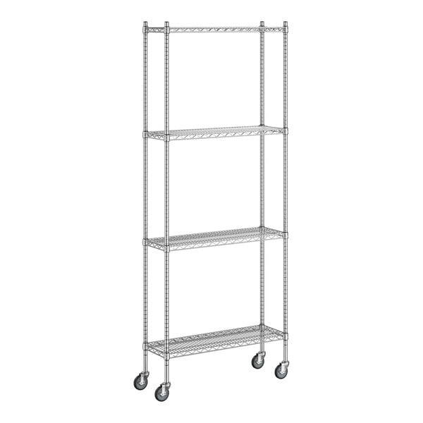 A Regency chrome wire shelving unit with wheels.