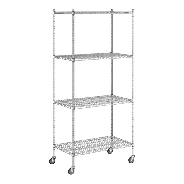 A Regency chrome wire shelving unit with wheels.