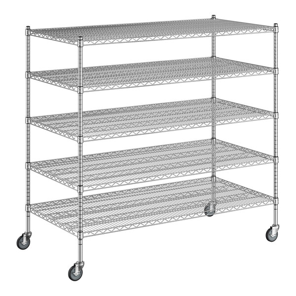 A Regency chrome wire shelving unit with wheels and four shelves.