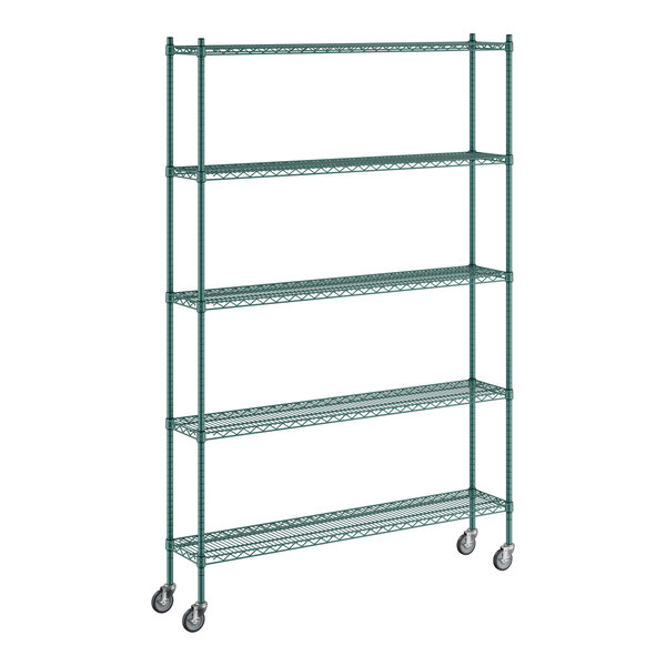 A Regency green metal wire shelving starter kit with wheels.